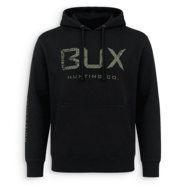 A black pullover hoodie with a distressed green 'BUX HUNTING CO.' logo printed on the chest, shown against a plain white background.