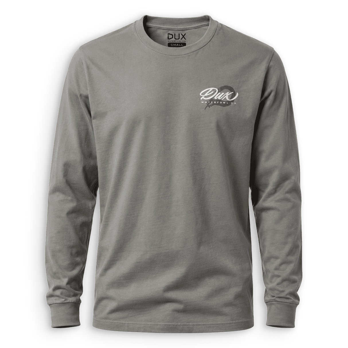 A gray long-sleeve crewneck t-shirt by DUX, featuring a white script logo on the left chest that reads 'Dux Outfitter'. The shirt is displayed on a clean white background.