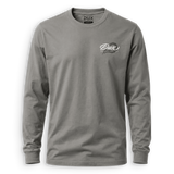 A gray long-sleeve crewneck t-shirt by DUX, featuring a white script logo on the left chest that reads 'Dux Outfitter'. The shirt is displayed on a clean white background.