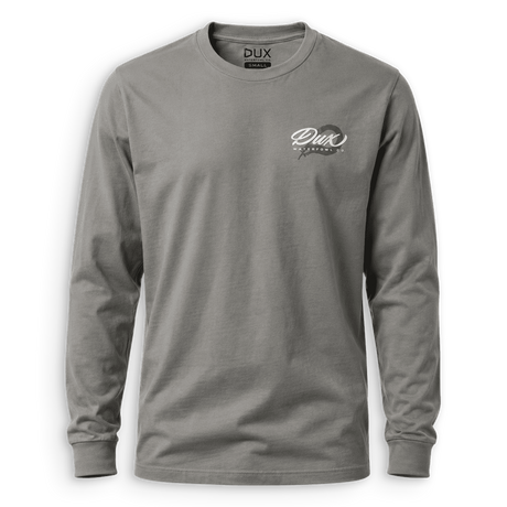 A gray long-sleeve crewneck t-shirt by DUX, featuring a white script logo on the left chest that reads 'Dux Outfitter'. The shirt is displayed on a clean white background.