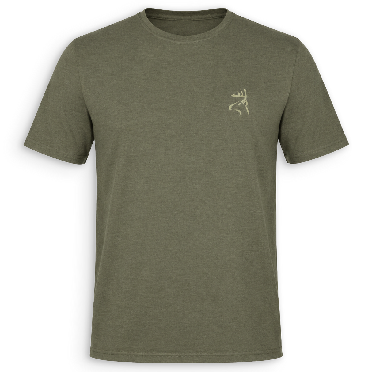 An olive green crewneck t-shirt with a small beige embroidered deer head logo on the left chest, displayed on a clean white background.