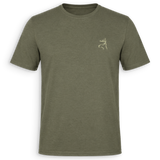 An olive green crewneck t-shirt with a small beige embroidered deer head logo on the left chest, displayed on a clean white background.