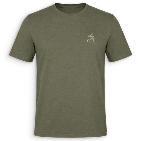 An olive green crewneck t-shirt with a small beige embroidered deer head logo on the left chest, displayed on a clean white background.