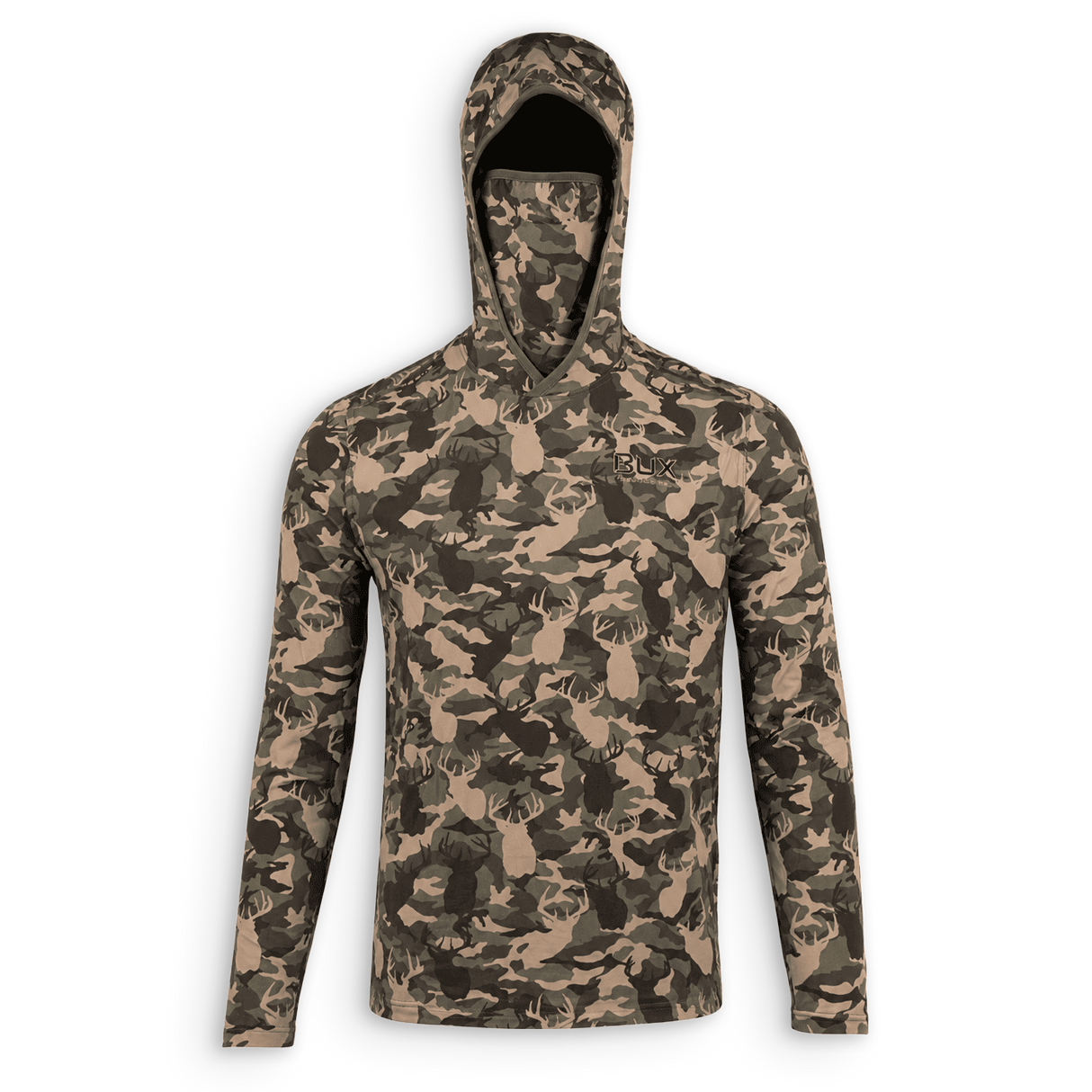 BUX hoodie with mask and hood up 
