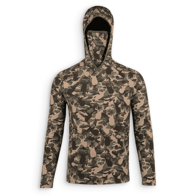 BUX hoodie with mask and hood up 