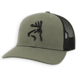 An olive green trucker hat with a black embroidered buckmark logo on the front panel and a black mesh back, shown on a solid white background.