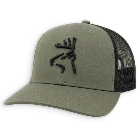 An olive green trucker hat with a black embroidered buckmark logo on the front panel and a black mesh back, shown on a solid white background.