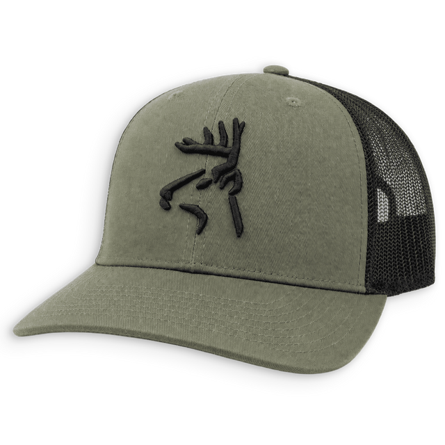 An olive green trucker hat with a black embroidered buckmark logo on the front panel and a black mesh back, shown on a solid white background.