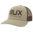 A khaki beige trucker hat with dark brown mesh back panels and dark brown embroidered 'BUX HUNTING CO.' branding on the front, shown on a plain white background.
