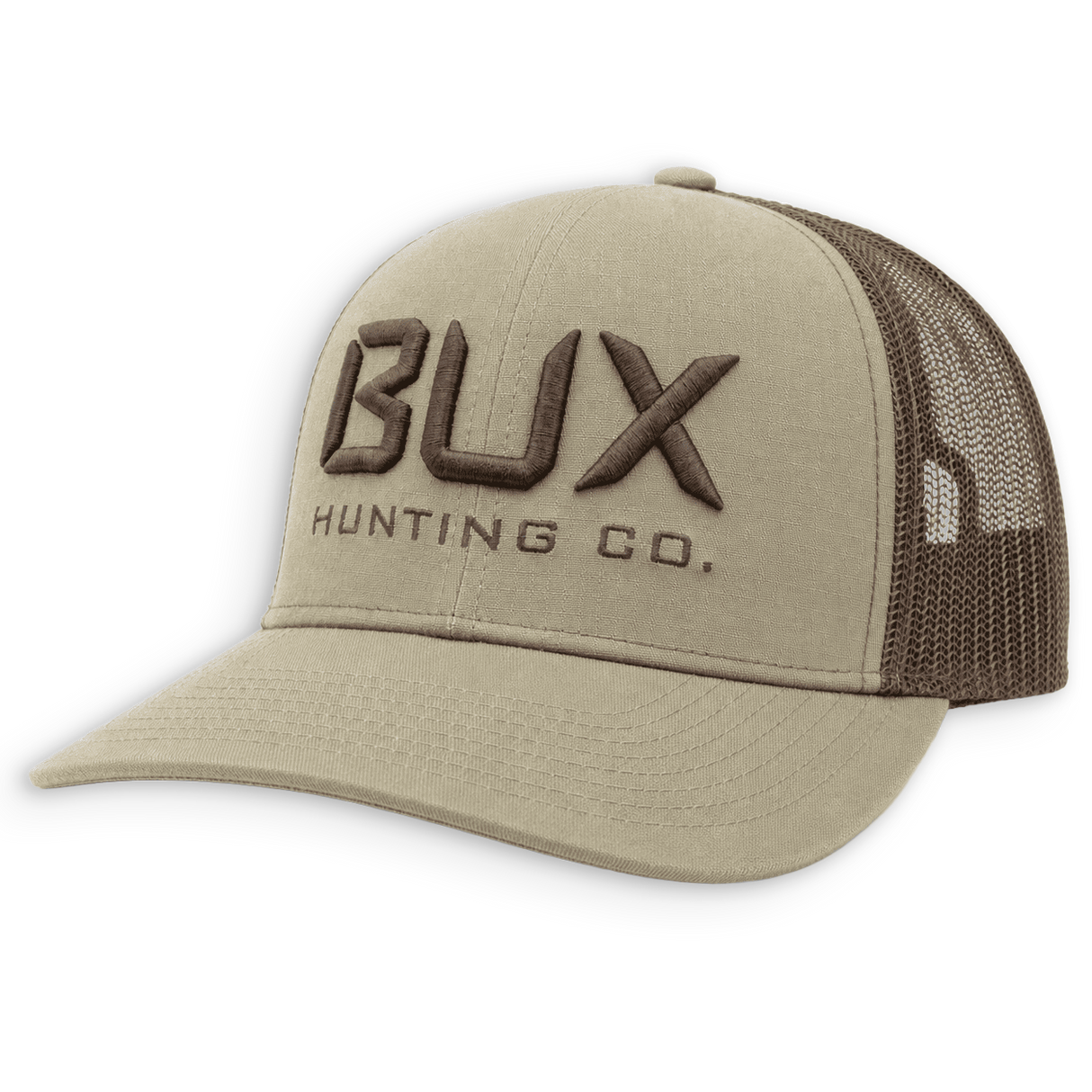 A khaki beige trucker hat with dark brown mesh back panels and dark brown embroidered 'BUX HUNTING CO.' branding on the front, shown on a plain white background.