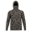 A long-sleeve hooded shirt with an all-over camouflage pattern in dark green, brown, and gray, featuring a small embroidered logo on the left chest, displayed on a clean white background.