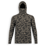A long-sleeve hooded shirt with an all-over camouflage pattern in dark green, brown, and gray, featuring a small embroidered logo on the left chest, displayed on a clean white background.