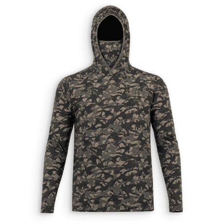 A long-sleeve hooded shirt with an all-over camouflage pattern in dark green, brown, and gray, featuring a small embroidered logo on the left chest, displayed on a clean white background.