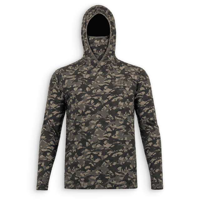 A long-sleeve hooded shirt with an all-over camouflage pattern in dark green, brown, and gray, featuring a small embroidered logo on the left chest, displayed on a clean white background.
