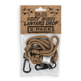 A 2-pack of DUX Next Gen Lanyard Drop cords in a brown paracord color, packaged in a clear plastic bag with a brown cardboard header card featuring black text and bird silhouettes.