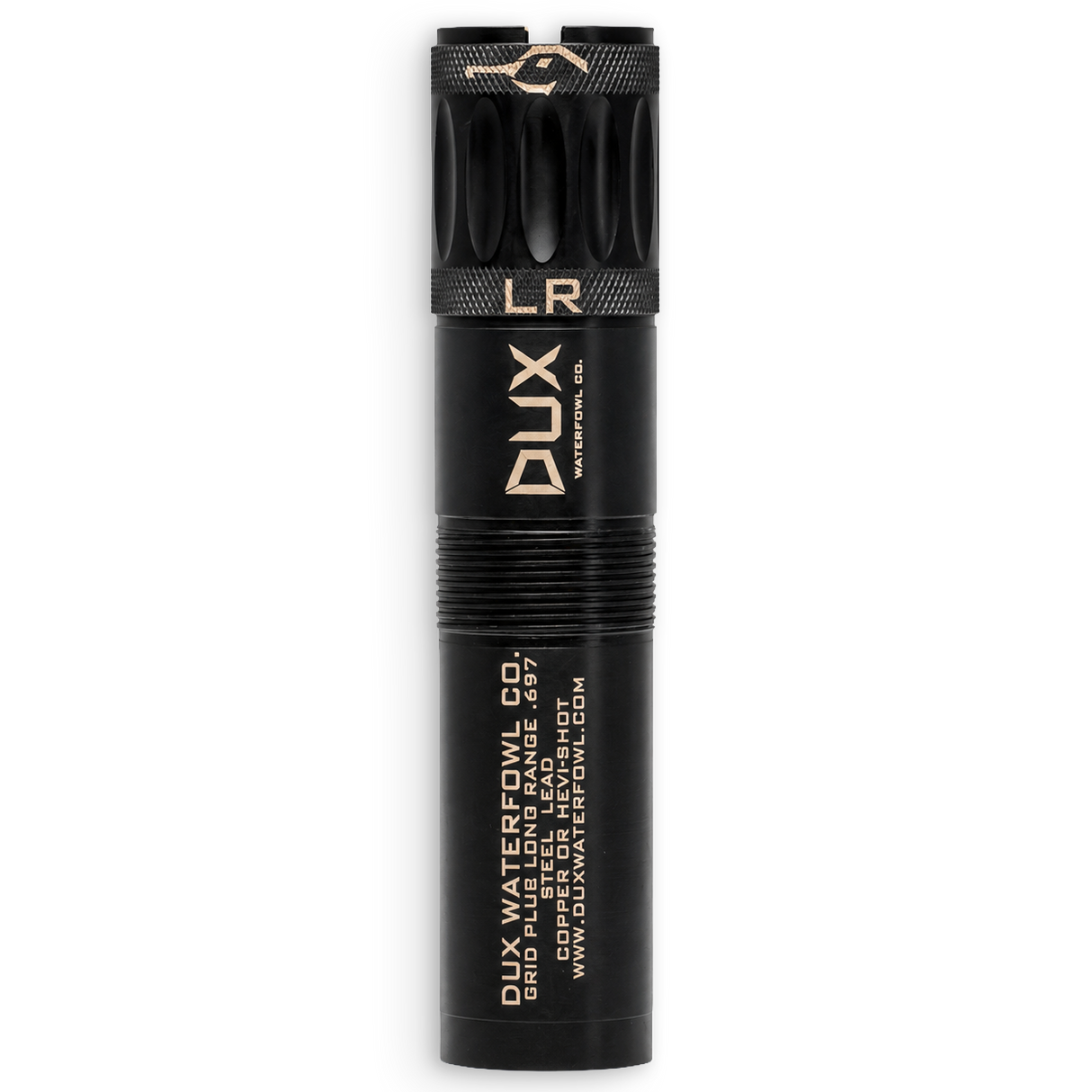 A black DUX Waterfowl LR grid light tube with gold lettering, shown vertically against a plain white background.
