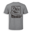 fancy dux logo with mallard displayed on the back. showing its est. date of 2017
