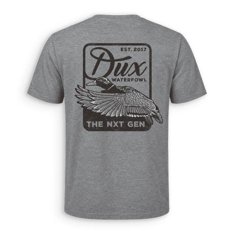 fancy dux logo with mallard displayed on the back. showing its est. date of 2017
