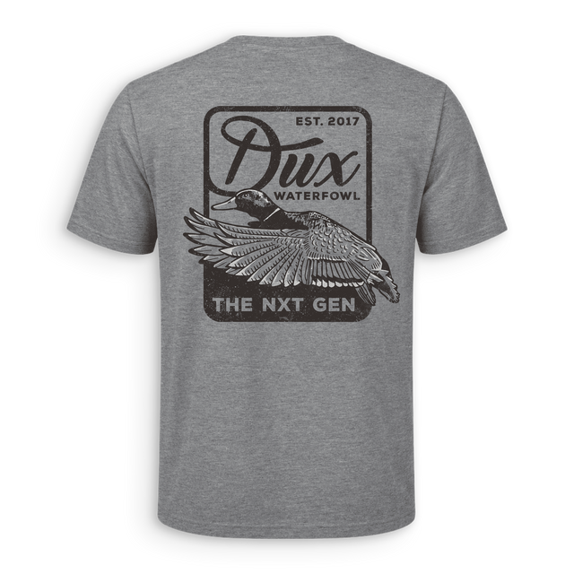 fancy dux logo with mallard displayed on the back. showing its est. date of 2017
