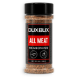 A 5 oz clear plastic bottle of Duxbux All Meat Seasoning with a black cap and a black, red, and white label, shown on a plain white background.