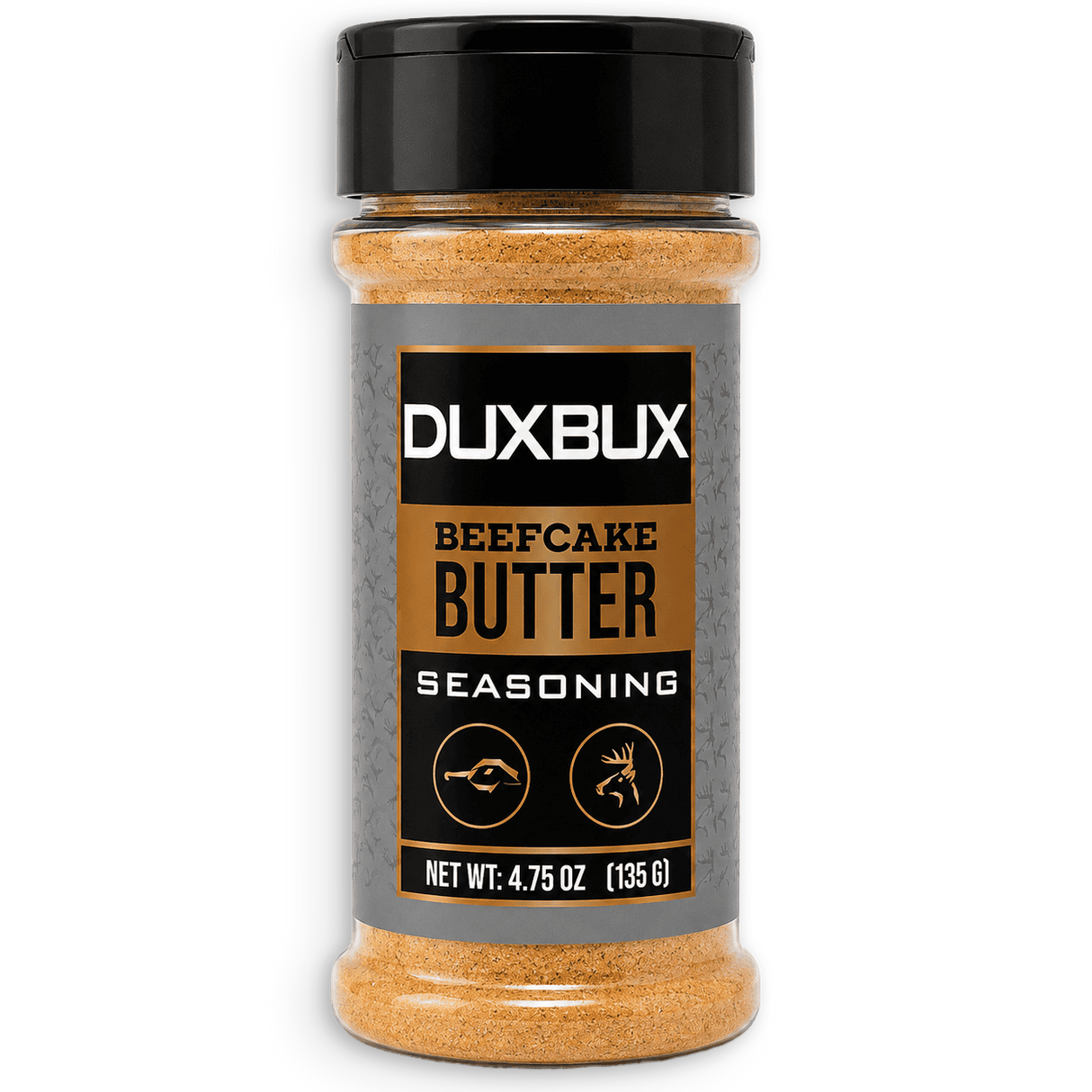 A bottle of Duxbux Beefcake Butter Seasoning with a black cap and a gray label featuring gold and black text, set against a plain white background.