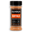A 5 oz clear plastic bottle of Duxbux Buffalo Seasoning with a black cap and a black, gray, and orange label, set against a plain white background.