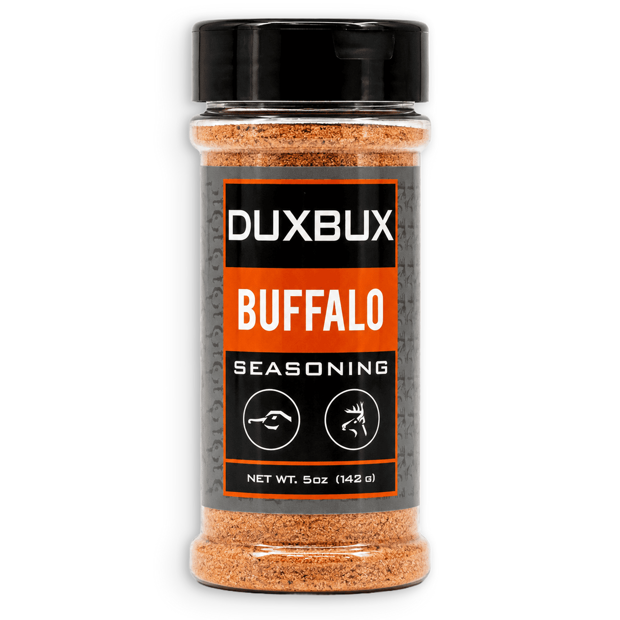 A 5 oz clear plastic bottle of Duxbux Buffalo Seasoning with a black cap and a black, gray, and orange label, set against a plain white background.