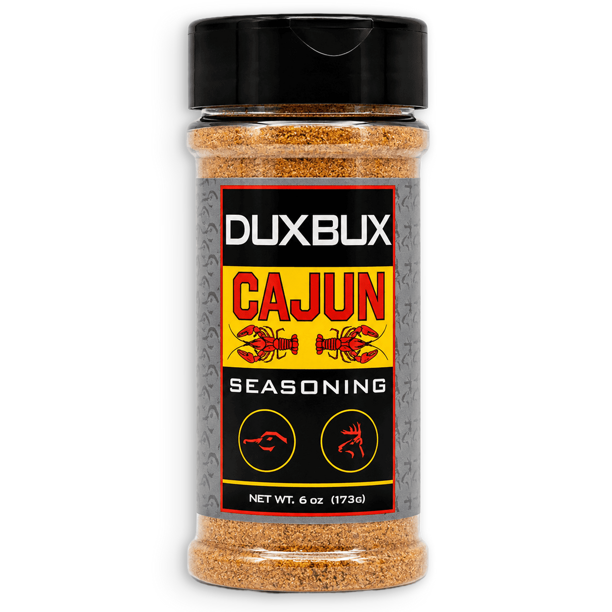 A 6 oz plastic bottle of Duxbux Cajun Seasoning with a black cap and a black, red, and yellow label, shown on a plain white background.