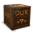 A rustic wooden crate with 'DUX WATERFOWL CO.' and question marks printed on the front, draped with netting and shown on a white background.