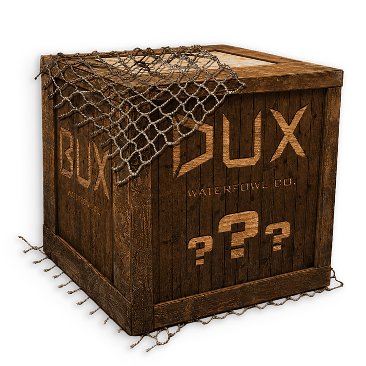 A rustic wooden crate with 'DUX WATERFOWL CO.' and question marks printed on the front, draped with netting and shown on a white background.