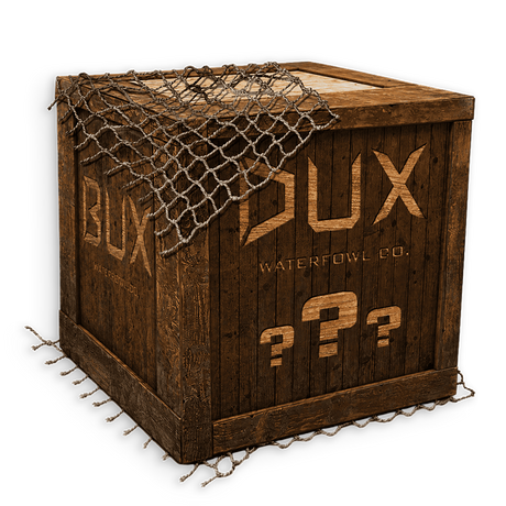 A rustic wooden crate with 'DUX WATERFOWL CO.' and question marks printed on the front, draped with netting and shown on a white background.