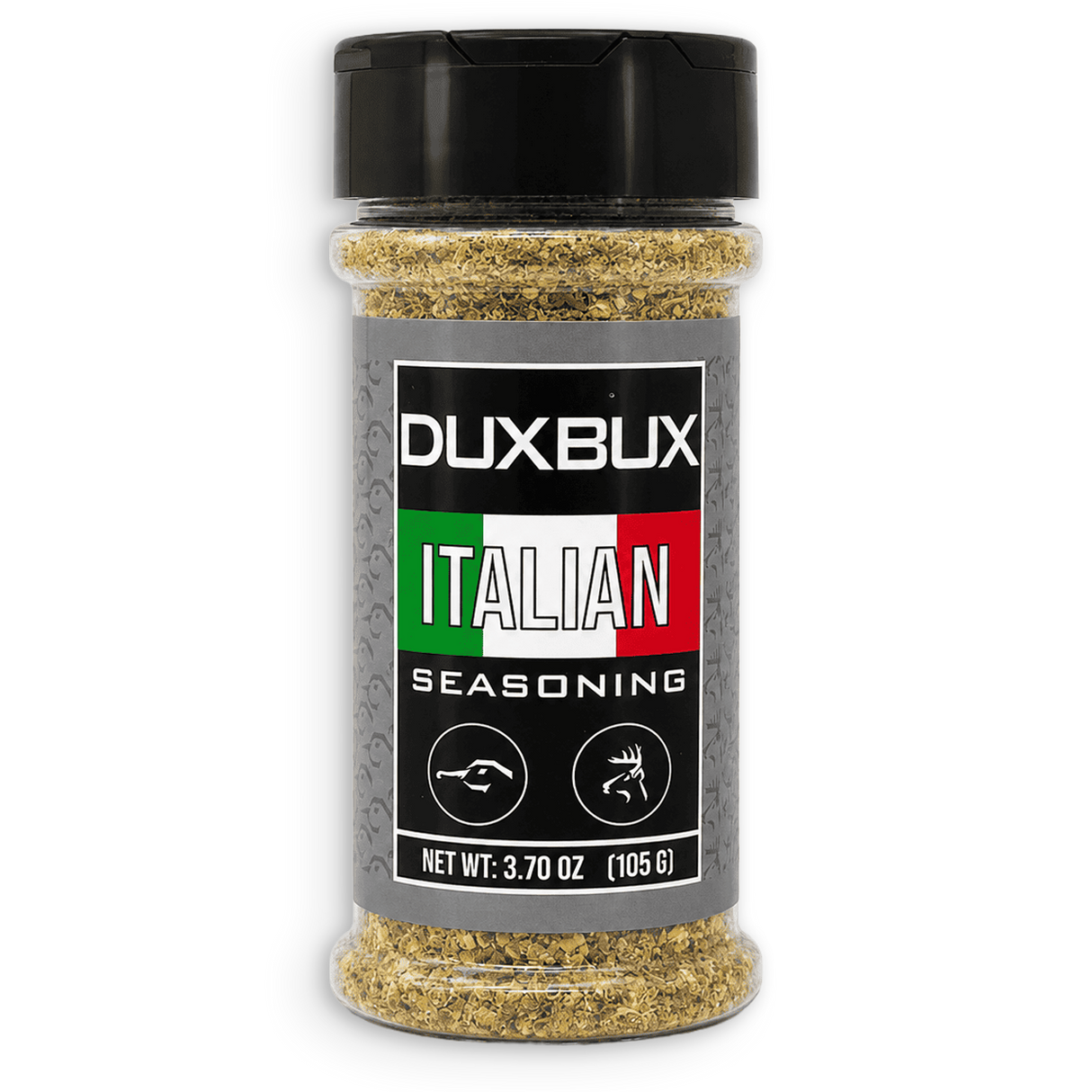 A bottle of Duxbux Italian Seasoning with a black cap and a gray label featuring the Italian flag colors, set against a plain white background.