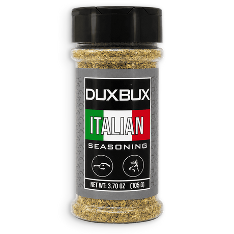 A bottle of Duxbux Italian Seasoning with a black cap and a gray label featuring the Italian flag colors, set against a plain white background.