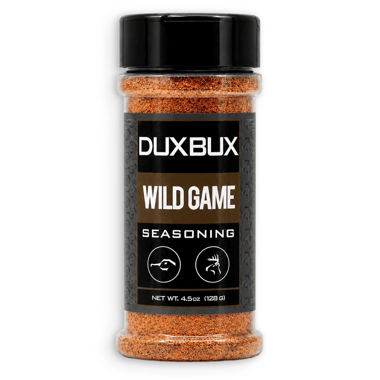 A clear plastic spice jar of DUXBUX Wild Game Seasoning with a black lid and black label, showing orange-brown seasoning inside, on a white background.