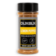 A clear plastic spice jar of Duxbux Lemon Pepper Seasoning with a black lid and a gray, black, and yellow label, set against a plain white background.