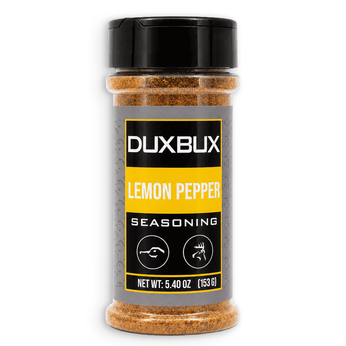 A clear plastic spice jar of Duxbux Lemon Pepper Seasoning with a black lid and a gray, black, and yellow label, set against a plain white background.