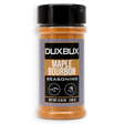 A clear plastic spice jar of Duxbux Maple Bourbon Seasoning with a black lid and a black, gold, and gray label, set against a plain white background.