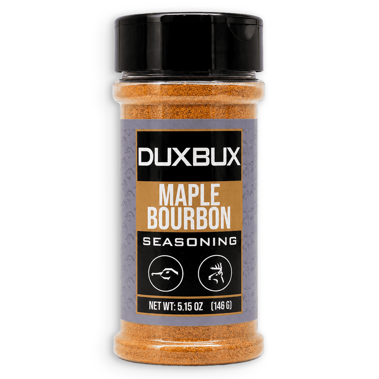 A clear plastic spice jar of Duxbux Maple Bourbon Seasoning with a black lid and a black, gold, and gray label, set against a plain white background.
