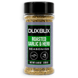 A clear plastic spice jar of Duxbux Roasted Garlic & Herb Seasoning with a black lid and a black and green label, set against a plain white background.