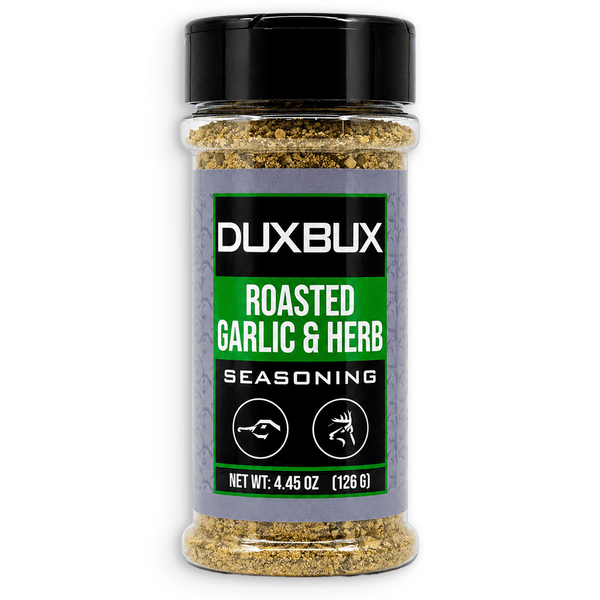 A clear plastic spice jar of Duxbux Roasted Garlic & Herb Seasoning with a black lid and a black and green label, set against a plain white background.