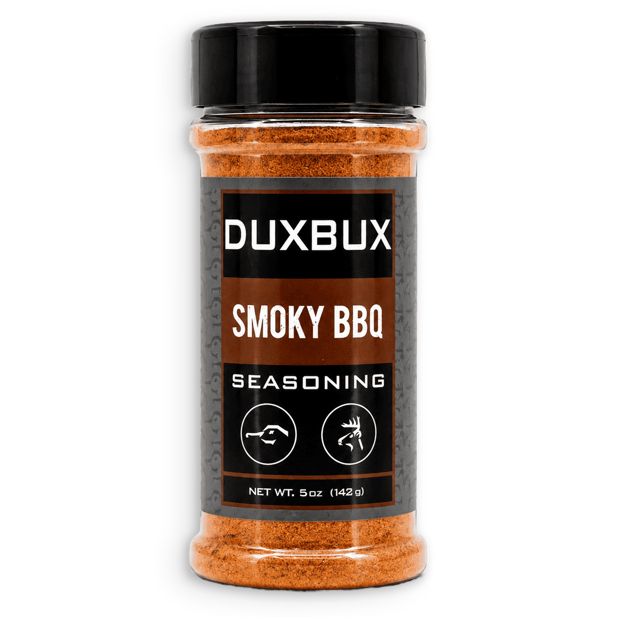 A 5 oz clear plastic bottle of DUXBUX Smoky BBQ Seasoning with a black cap and a black label, showing the orange-brown seasoning inside, on a white background.