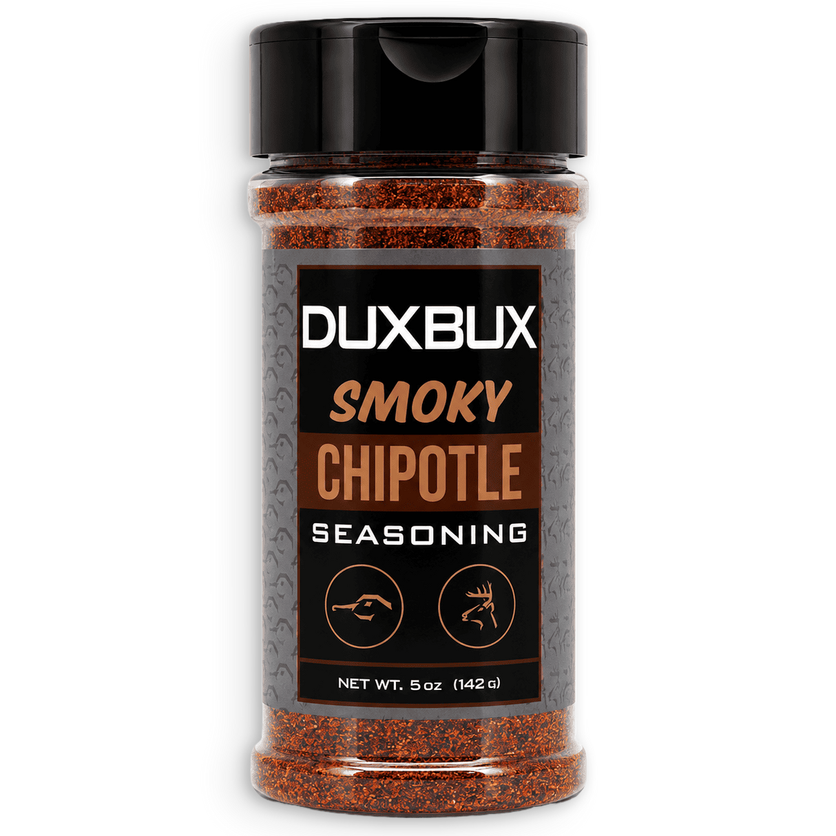 A 5 oz bottle of Duxbux Smoky Chipotle Seasoning, featuring a black cap and a black label with brown and white text, filled with reddish-brown seasoning powder, shown on a white background.