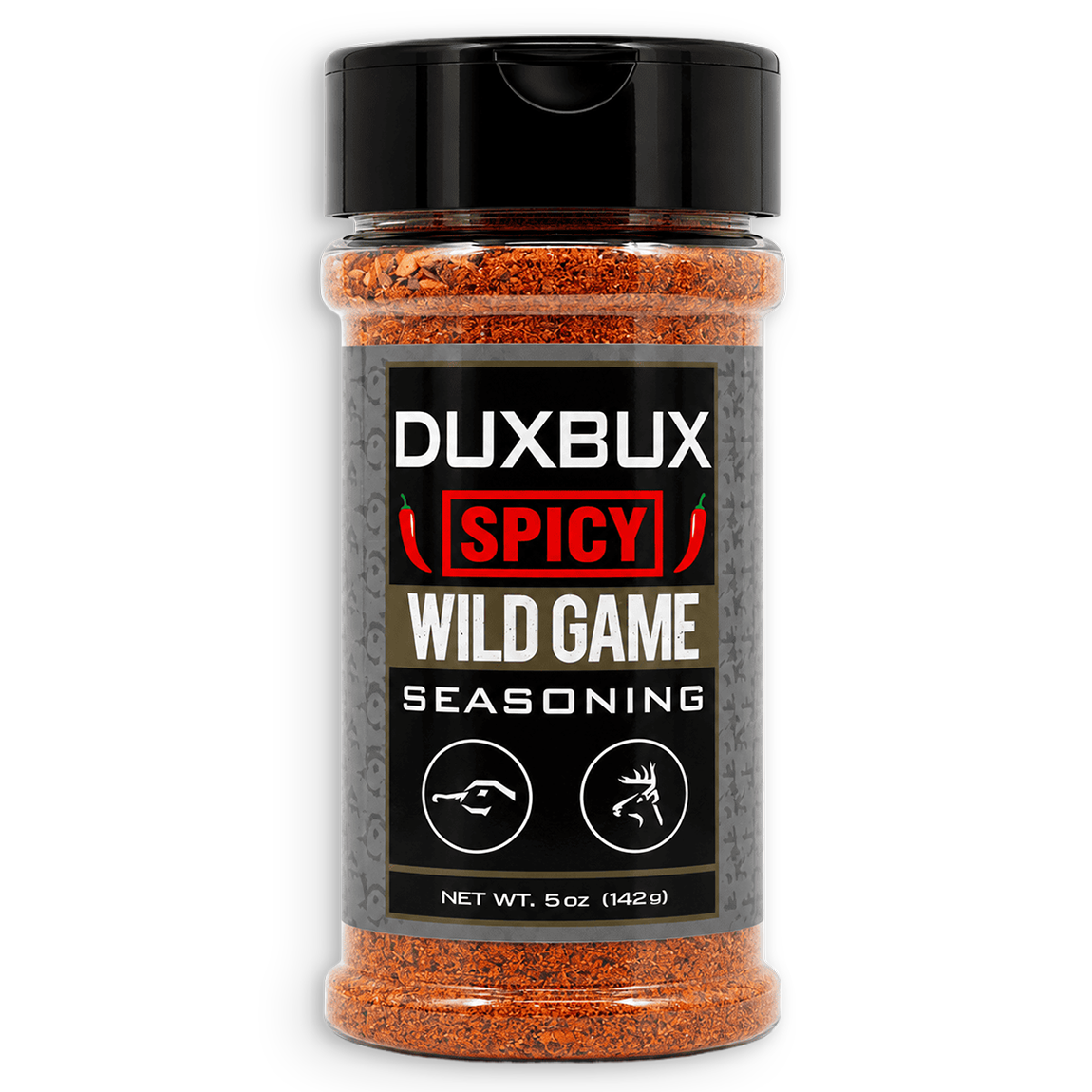 A 5 oz clear plastic spice jar of Duxbux Spicy Wild Game Seasoning with a black cap and a black label, filled with orange-red seasoning blend, on a white background.