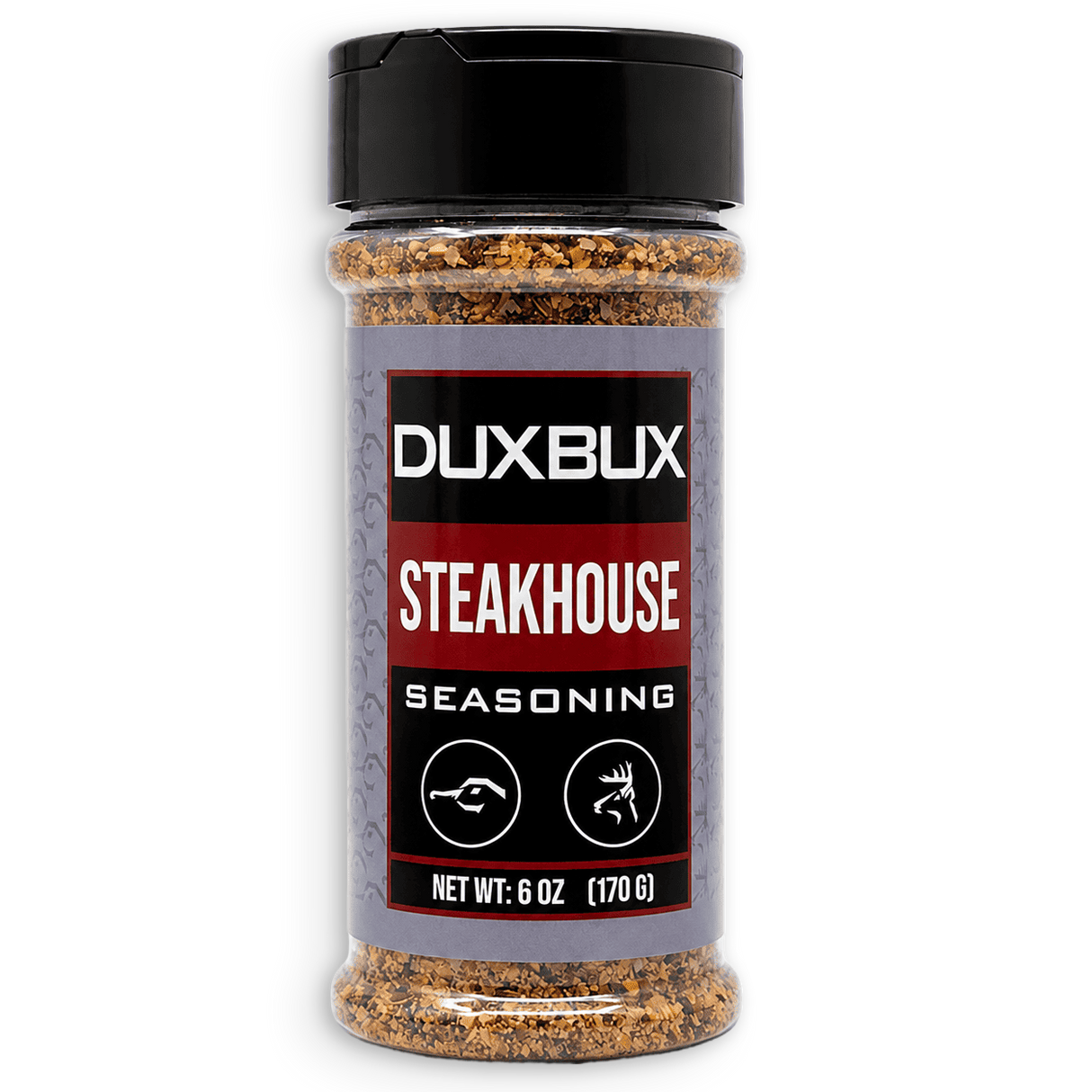 A 6 oz clear plastic bottle of Duxbux Steakhouse Seasoning with a black cap and a gray, red, and black label, shown on a white background.