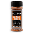 A clear plastic bottle of DuxBux Ultimate Burger Seasoning with a black cap and a gray, orange, and black label, set against a plain white background.