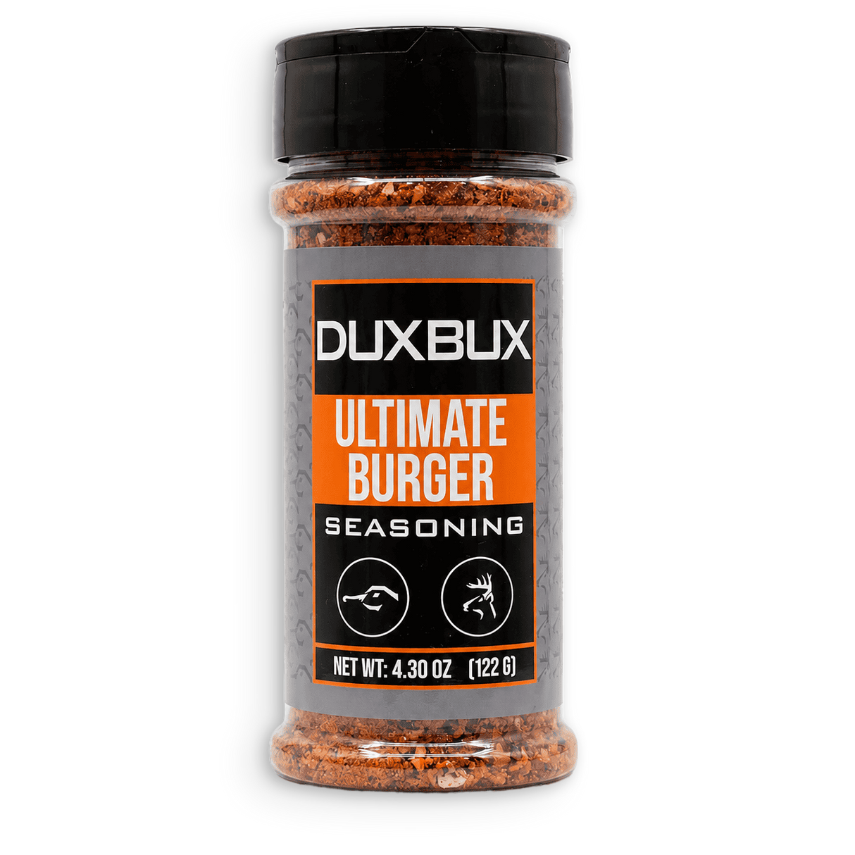 A clear plastic bottle of DuxBux Ultimate Burger Seasoning with a black cap and a gray, orange, and black label, set against a plain white background.