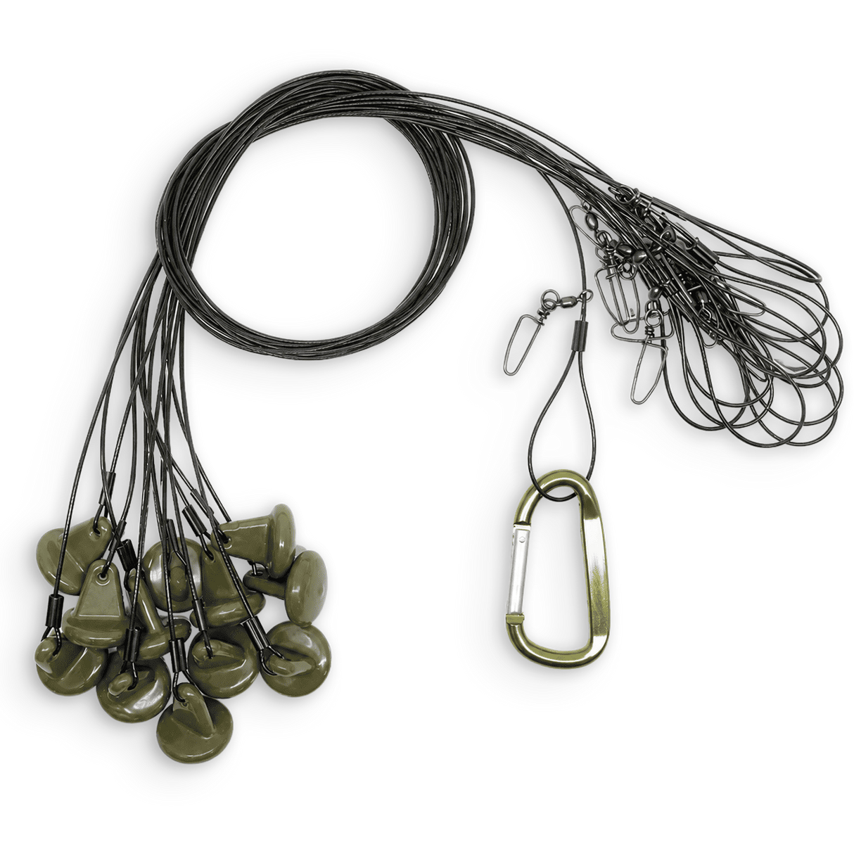 A set of fishing line with olive green sinkers and a matching olive green carabiner, displayed on a clean white background.