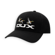 A black baseball cap featuring embroidered flying ducks and the brand name 'DUX' in white on the front, set against a plain white background.