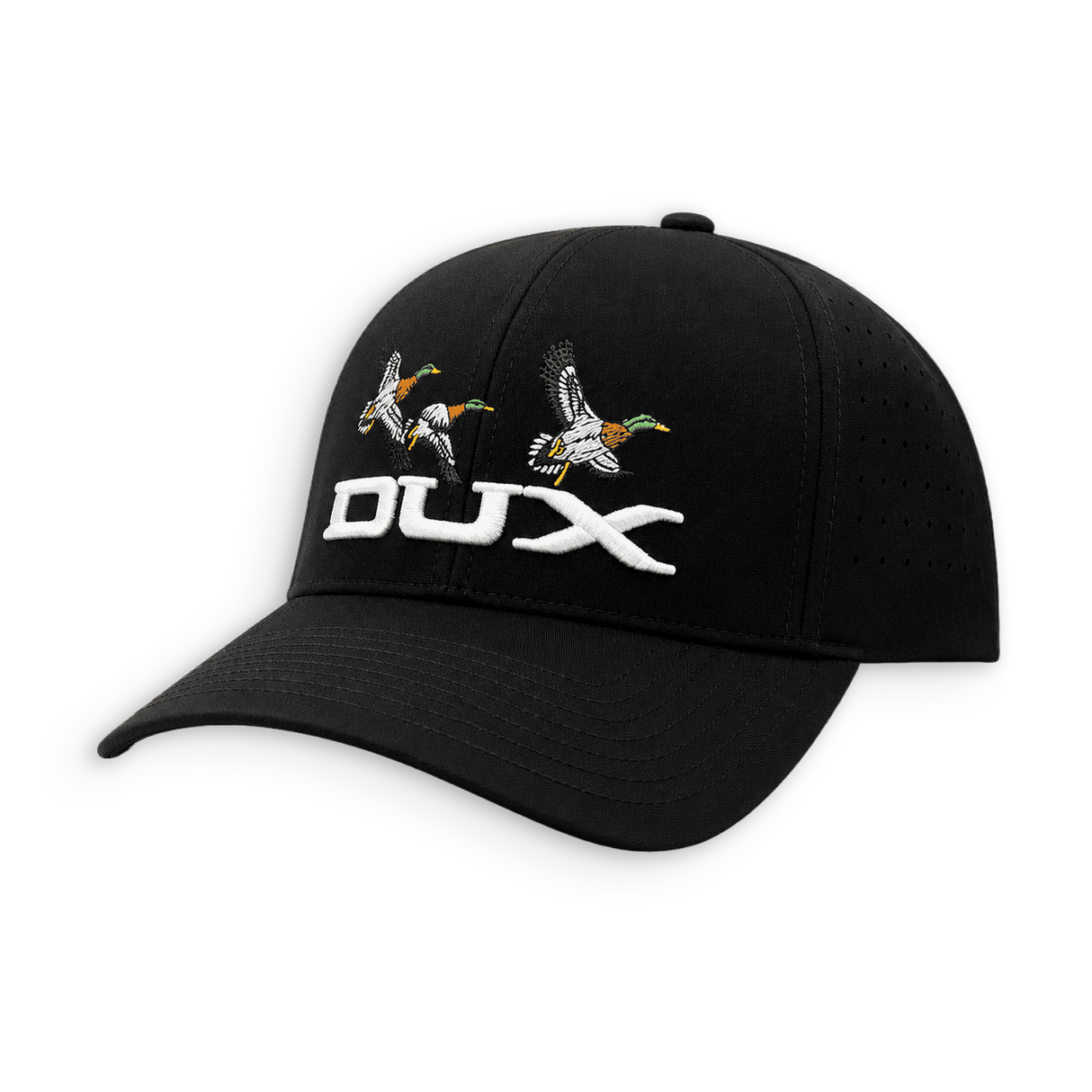 A black baseball cap featuring embroidered flying ducks and the brand name 'DUX' in white on the front, set against a plain white background.