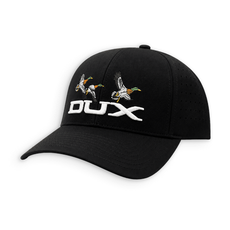 A black baseball cap featuring embroidered flying ducks and the brand name 'DUX' in white on the front, set against a plain white background.